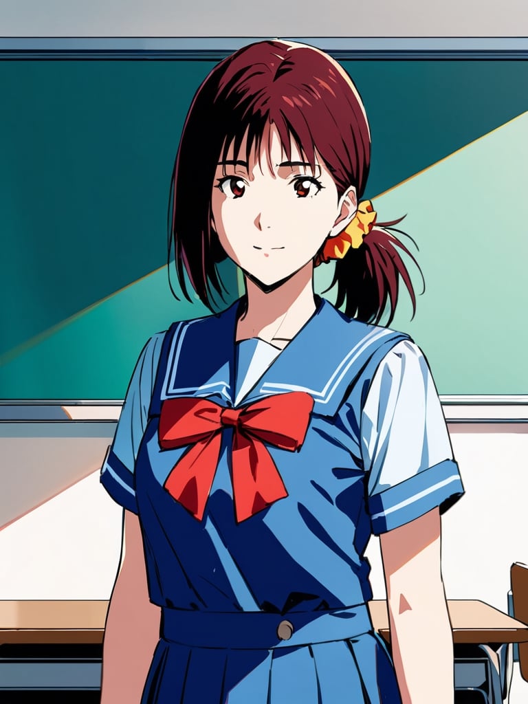 (haruk0akagi), red bow, scrunchie, ponytail, blue school uniform, leaning, classroom, cowboy shot, facing foward, masterpiece, ultra high resolution, best quality, 1080p