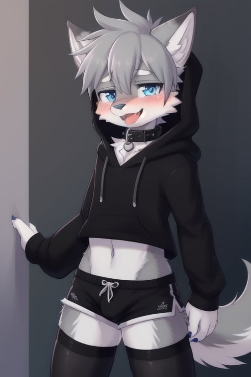 Raff is a grey wolf guy with blue eyes, femboy and is wearing thigh highs and arm sleeves with a black hoodie and shorts on, incredibly horny, mouth wide open smiling with tongue out, he's wearing a collar around his neck, standing , looking sexy, make him look breedable, make him blushing 