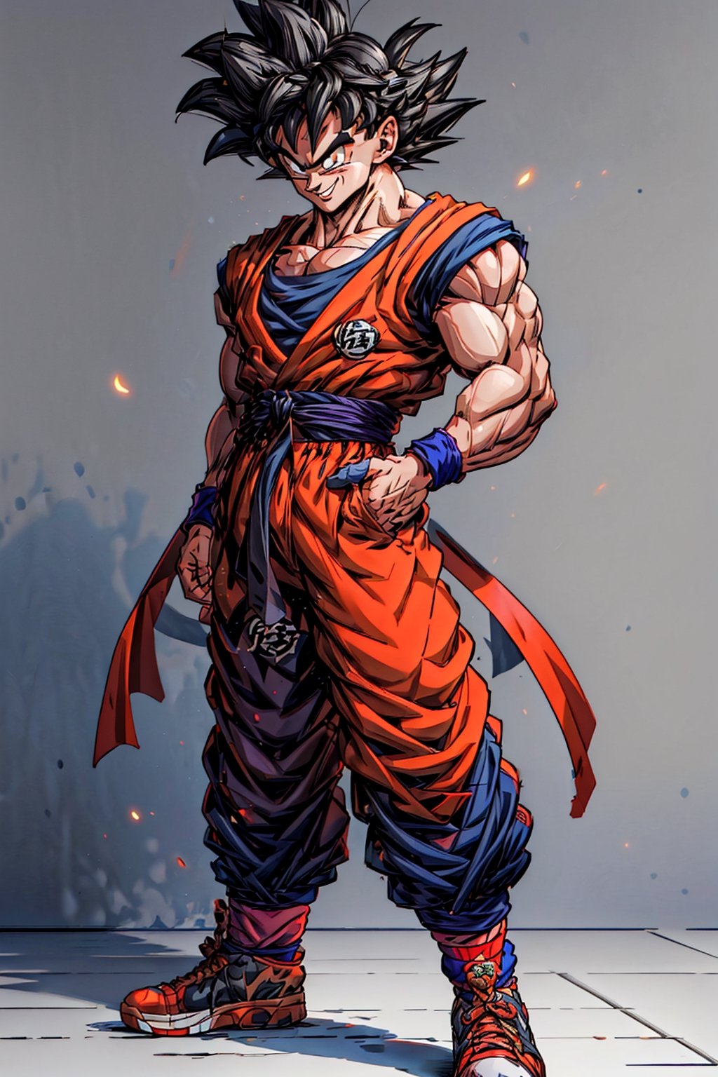 Let it be detailed, a masterpiece, it's a boy, it's Goku from DBS, let it have a pair of pants. some blue sneakers, he doesn't have a shirt, he's still looking to the side smiling,blad4