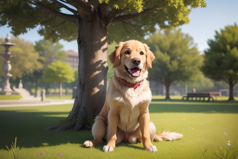 photorealistic golden retriever dog sitting in the park, trees in the background,3D MODEL