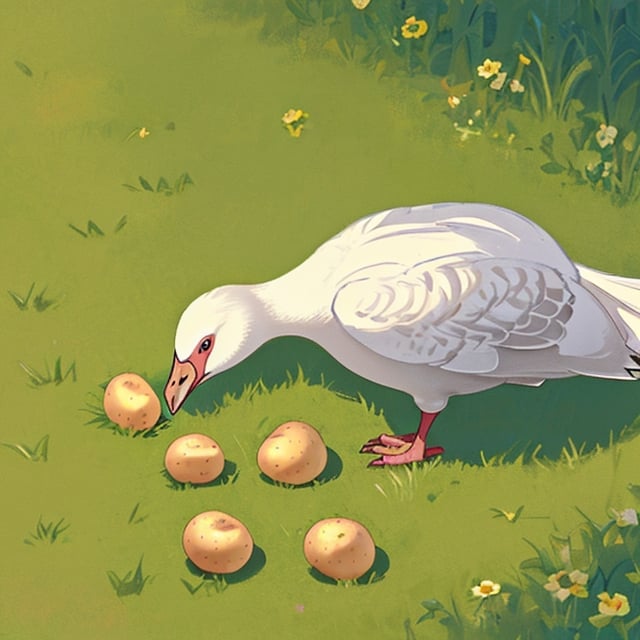 A Goose  is hatching a potato, cartoon style, sweet expression ,