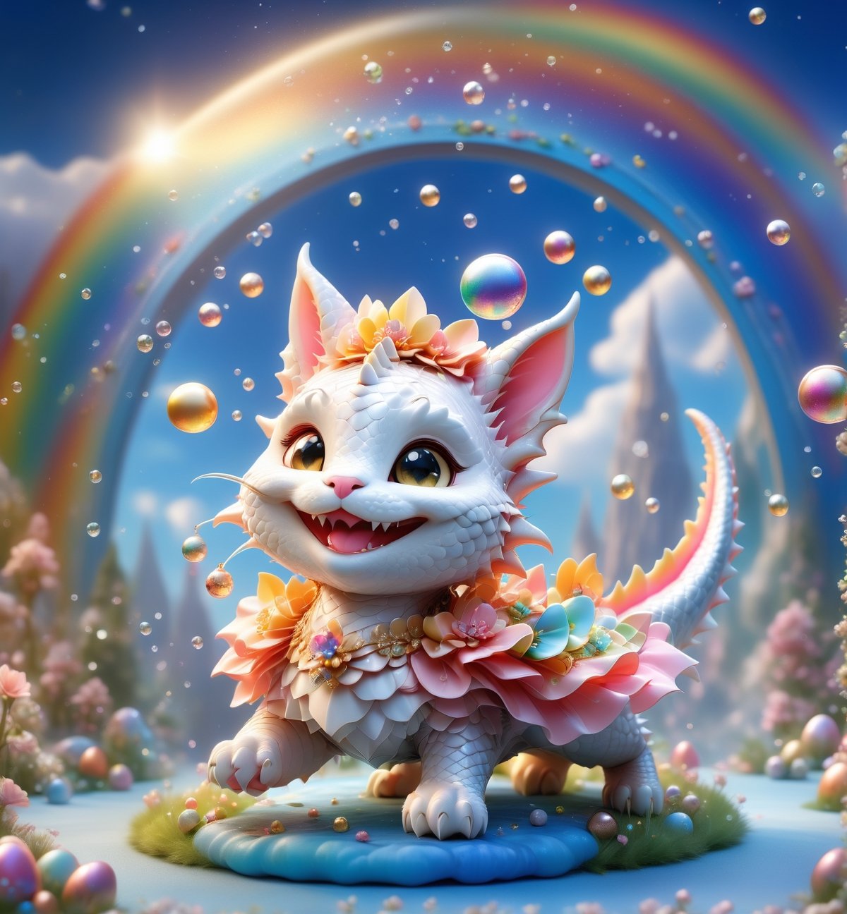 chibi cute Calico cat smiling charmingly, gifts and golden gold, framed by a verdant lawn dotted with Easter eggs, against a backdrop of blue skies and rainbow arches with floating soap bubbles, in a charmingly pose, photographed by Miki Asai with macro lens precision, trending on ArtStation with Greg Rutkowski's detailed fantasy style in 9k resolution, sharp focus aperture F 1.5, intricate details, setting studio photography, ultra high,cute dragon