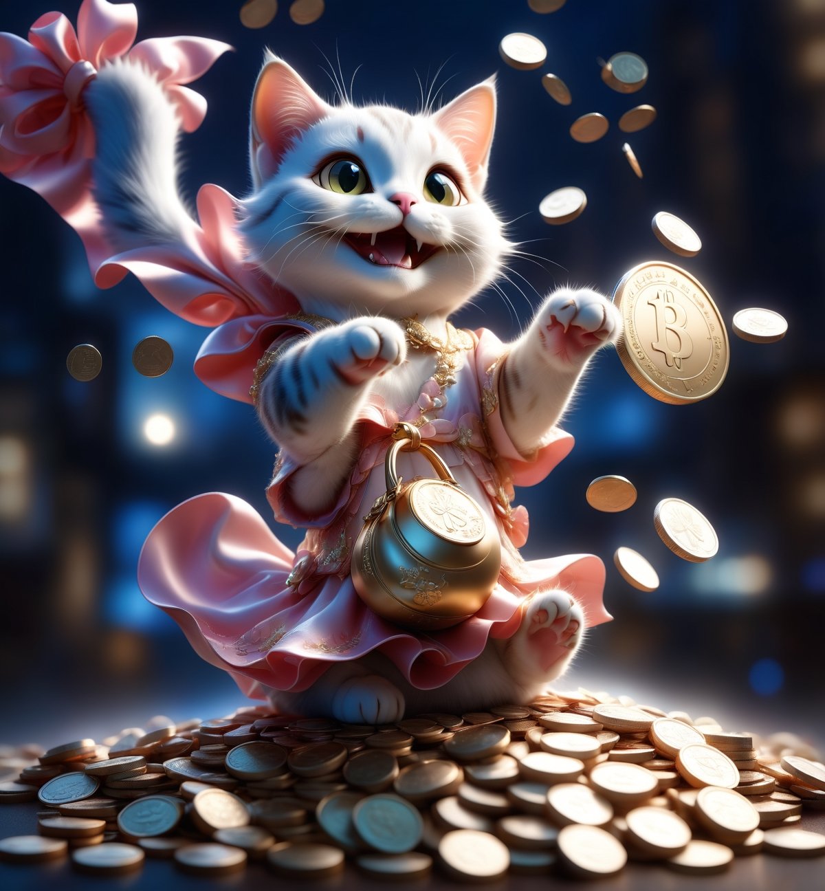 Cute cat holding a lucky bag and spitting out a lot of coins,photographed by Miki Asai with macro lens precision, trending on ArtStation with Greg Rutkowski's detailed fantasy style in 9k resolution, sharp focus aperture F 1.5, intricate details, setting studio photography, ultra high,cute Calico cat