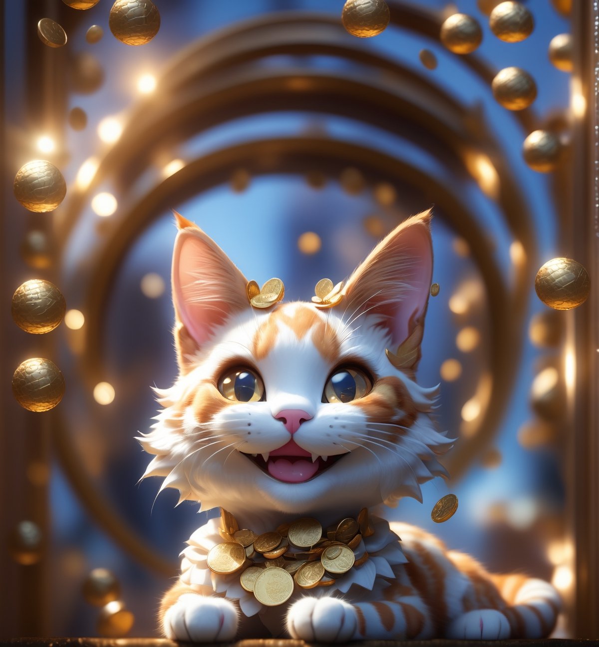 cute Calico cat smiling charmingly, gifts and golden gold, framed by a  dotted with golden coins, in a charmingly pose, photographed by Miki Asai with macro lens precision, trending on ArtStation with Greg Rutkowski's detailed fantasy style in 9k resolution, sharp focus aperture F 1.5, intricate details, setting studio photography, ultra high,cute Calico cat