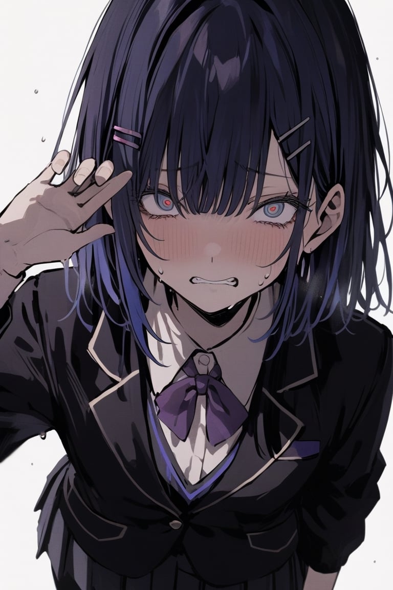 masterpiece, best quality, (sweating, very nervous expression, teary_eyed, making peace sing with hand), medium shot, standing, 1girl, solo, negative space, ((simple white background, white background)), a girl in a school uniform, close-eyes, detailed eyelashes, sharp eyes, dark royal blue hair, medium length hair, hair behind ear, black hairclip, side bangs, (black blazer, black pleated skirt, black tights), simple, facing viewer, manga illustration style, bangs, (full body), black backpack
,dal