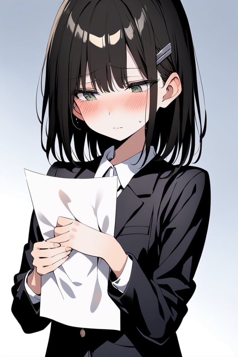 masterpiece, best quality, perfect hands, kneeling, showing a peice of paper, holding paper, (blush, looking away, sweating, very nervous expression, making peace sing with hand), medium shot, standing, 1girl, solo, negative space, ((simple white background, white background)), a girl in a school uniform, half closed eyes, detailed eyelashes, sharp eyes, Black hair, medium length hair, hair behind ear, black hairclip, side bangs, (black blazer, black pleated skirt, black tights), simple, facing viewer, manga illustration style, bangs, black backpack,, upper body in view, 18 years old, rating: questionable,Visual Anime