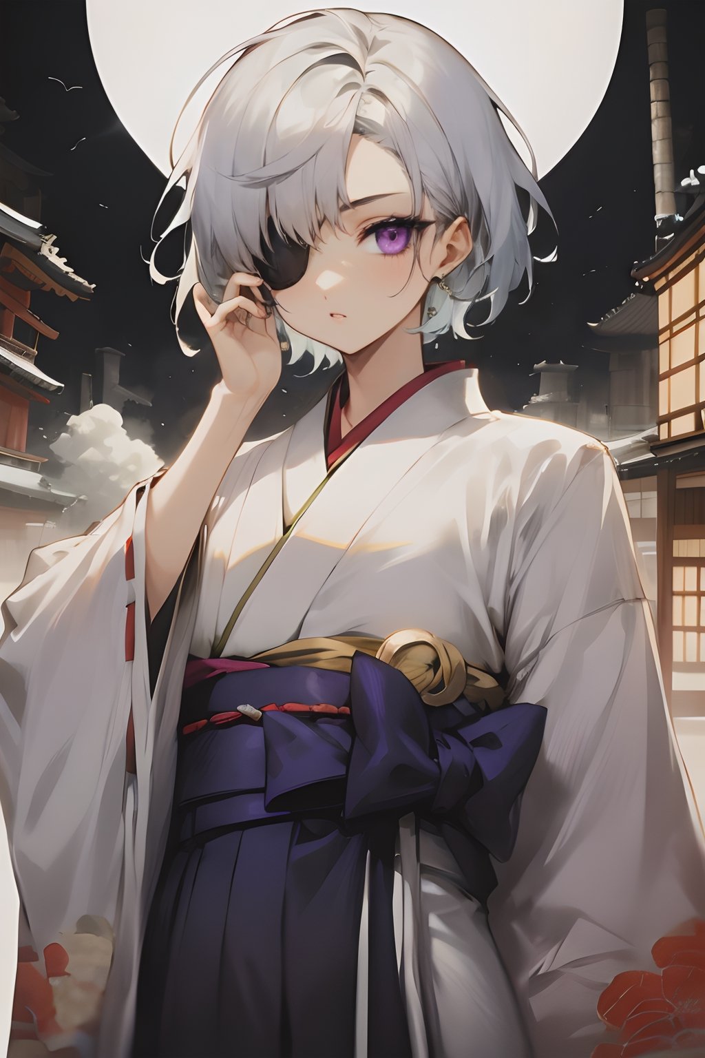 Oboro is an androgynous-looking woman with short white hair, purple eyes, and an eyepatch covering her left eye.

She is usually seen wearing a kimono with a Haori.