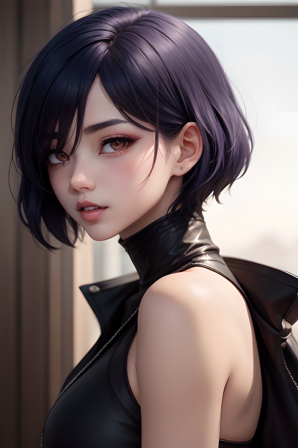 Touka is a slender and attractive teenager with short, dark blue bob hair, along with eyes of the same color, a distinctive feature being her long bangs that cover her right eye. After the Aogiri Arc, her hair became longer and now reaches the back of her neck.,tsurime,pastelbg,Anime ,ohwx woman,r4w photo,Extremely Realistic,facial cum