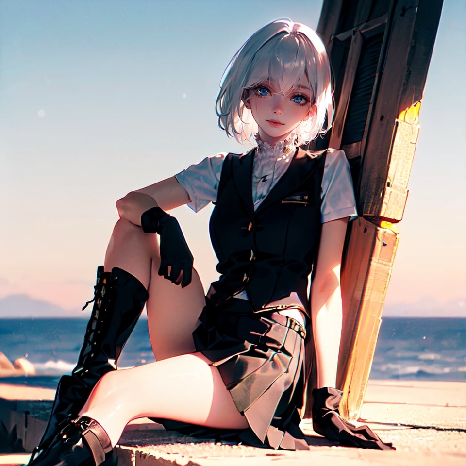 (masterpiece, sidelighting, finely detailed beautiful eyes: 1.2), masterpiece*portrait, realistic, 3d face, lustrous skin, 1girl, (((very long black gloves, black vest, short skirt, very long black boots, short white hair))), white hair, steampunk, detailed steampunk background, Saturn on the horizon