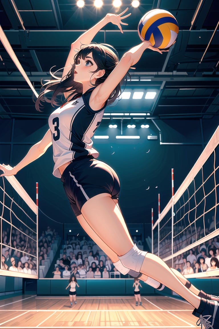 (((masterpiece))), (((best quality))), (((from side))), (((full body))), (((volleyball))), (((flying))), ((chest out)), ((raise head)), ((arms up)), ((raise shoes)), ((legs up)), sportswear, wind, night, crowd, stadium, cinematic light, cleavage, (((big tits))), collarbone, ribbon, longhair, rosy lips, parted lips, sweat, shy, blush, slim figure, (lora:girllikevolleyball:0.8),volleyball