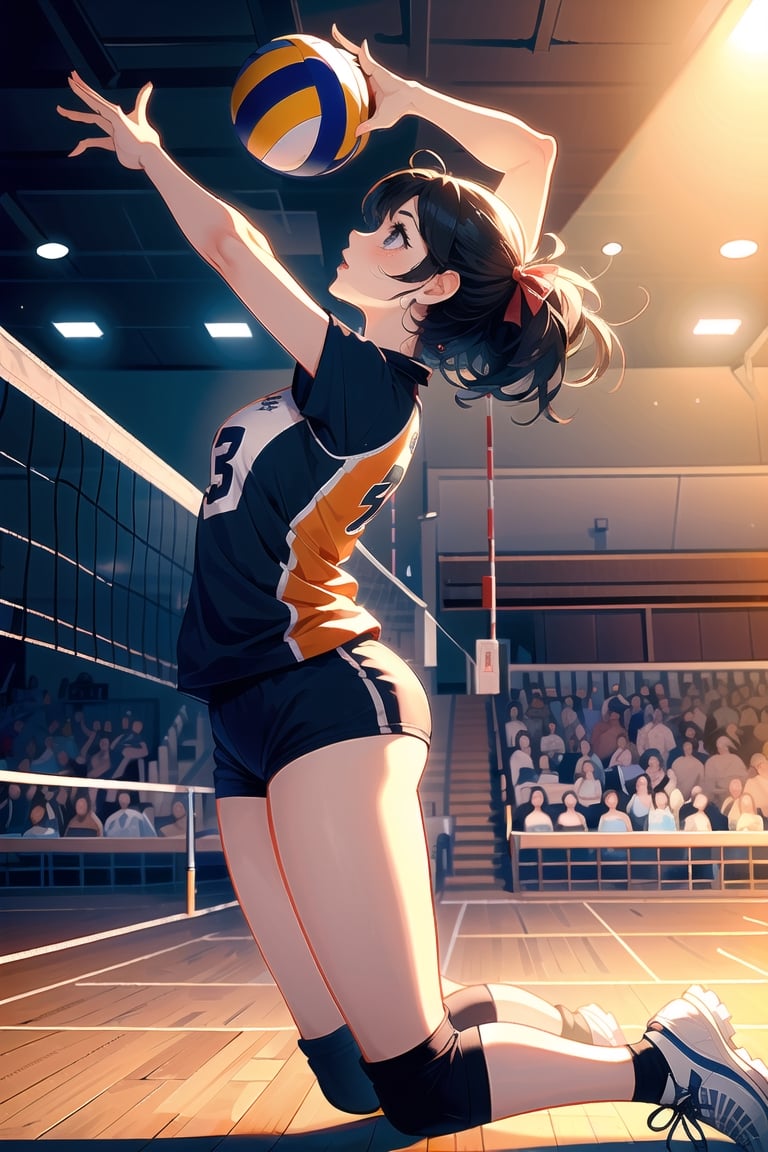(((masterpiece))), (((best quality))), (((from side))), (((full body))), (((volleyball))), (((flying))), ((chest out)), ((raise head)), ((arms up)), ((raise shoes)), ((legs up)), sportswear, wind, night, crowd, stadium, cinematic light, cleavage, (((big tits))), collarbone, ribbon, longhair, rosy lips, parted lips, sweat, shy, blush, slim figure, (lora:girllikevolleyball:0.8),volleyball