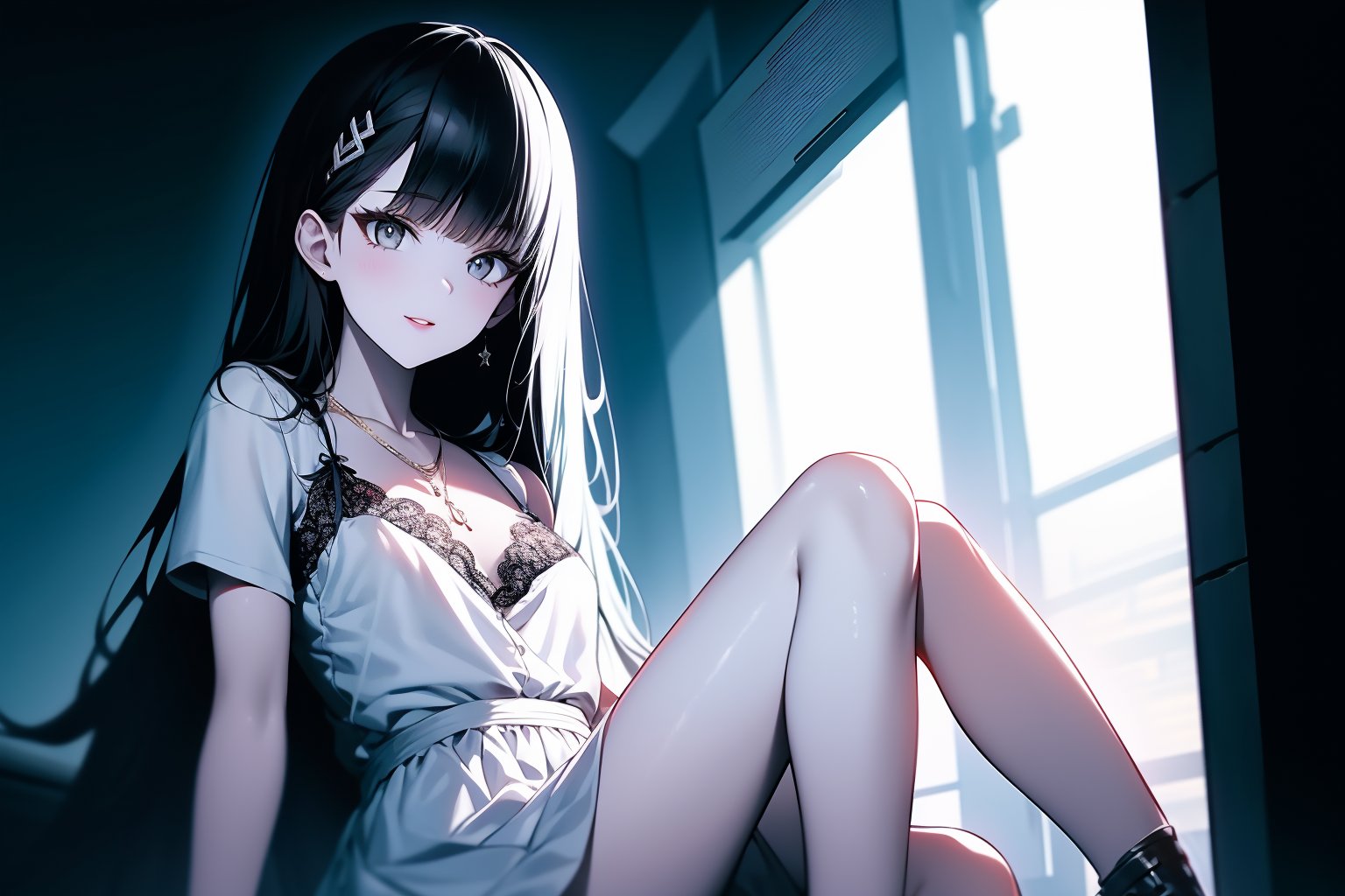 one adult girl alone, black hair, medium chest, straight bangs, gray eyes, gray eye, long hair, korean eyes, korean anime girl, medium chest, full lips, small lips, big korean eyes, gray eyes, black hair, completely black hair, black-hair, long hair, long_hair
((Full body)) little chest.
expression of security and liveliness, insightful, mischievous smile, fixed gaze.
 GREY EYES. 
small chest, small breasts, 
The woman wore a simple yet elegant light blue dress, with a modest neckline that accentuated her serene face. The straight cut and short sleeves gave her an air of simplicity and comfort, while the skirt fell in soft folds to the knee. A pair of low shoes and a delicate necklace completed the look with a touch of subtlety.