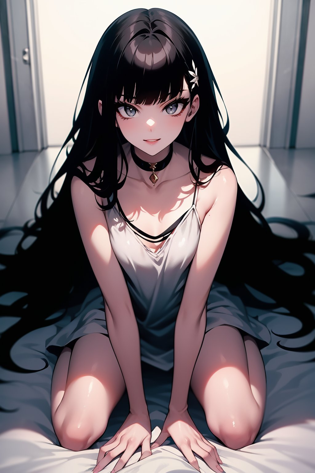 one adult girl alone, black hair, medium chest, straight bangs, gray eyes, gray eye, long hair, korean eyes, korean anime girl, medium chest, full lips, small lips, big korean eyes, gray eyes, black hair, completely black hair, black-hair, long hair, long_hair
((Full body)) little chest.
expression of security and liveliness, insightful, mischievous smile, fixed gaze.
 GREY EYES. chocker, dress.
small chest, small breasts, v-neck
