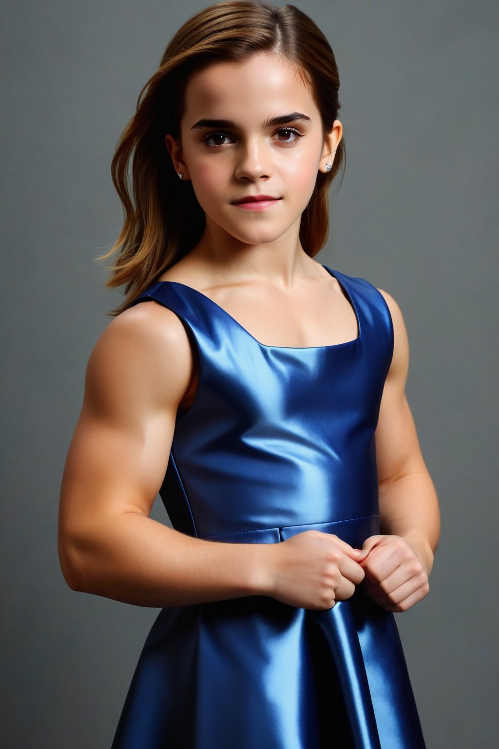 Create a hyperrealistic vertical photo of a very muscular girl (Emma Watson at the age of 14) posing for the camera, very muscular arms of bodybuilder, in elegant dress