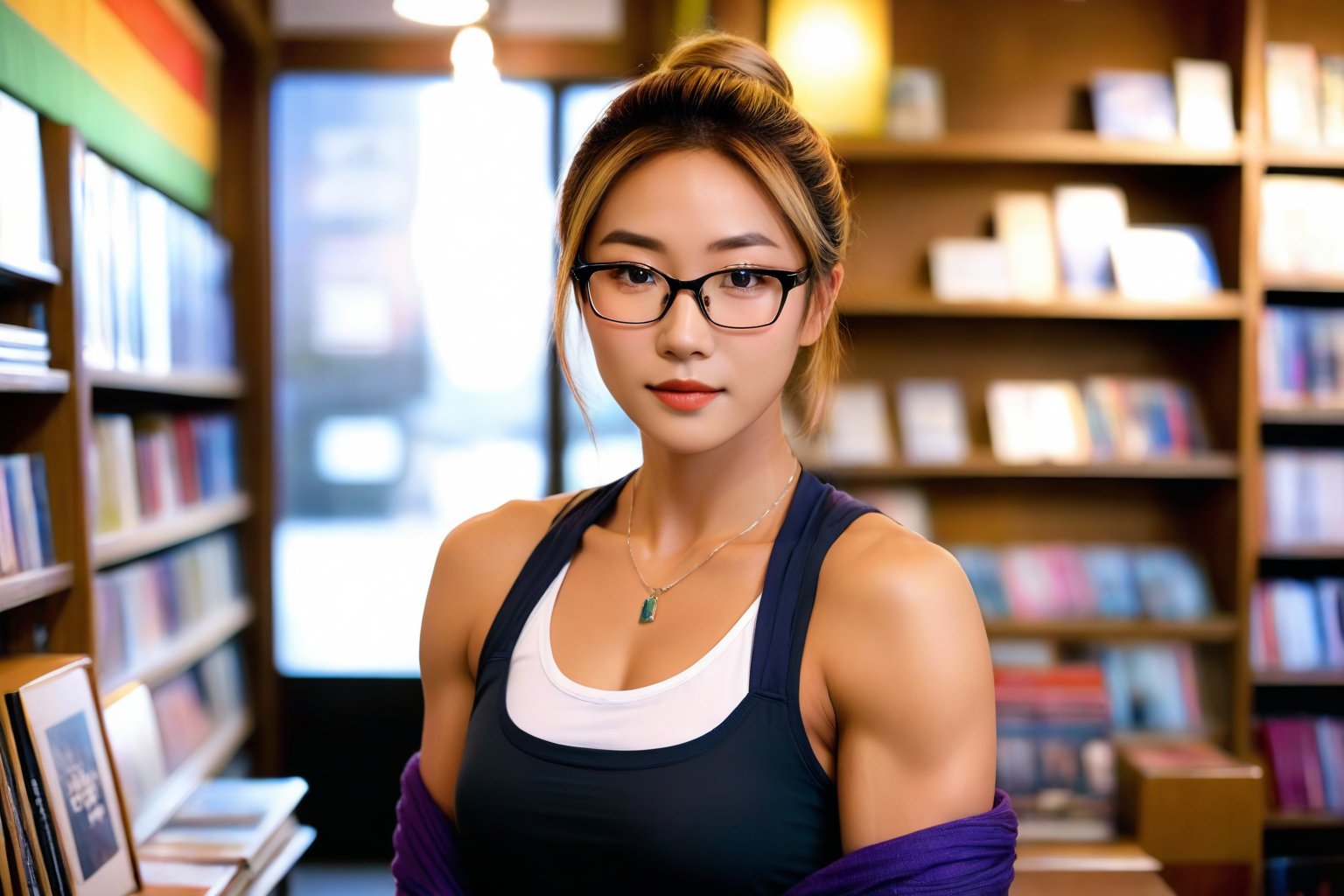 Yuko, an very muscular Asian woman with blond-dyed hair tied back in a neat bun, stands behind the counter of her cozy bookshop in Tokyo. she has very muscular arms. She wears a fashionable colourful scarf made of silk around her neck, and stylish glasses, embodying her civilian identity as a bookseller. Shelves filled with books create a warm and inviting atmosphere in the background, with a soft, ambient light casting a gentle glow. The focus is on her face, her expression is friendly and welcoming, engaging with the customers in her charming bookstore. The image should be detailed and realistic, highlighting her unique features and the cozy bookstore setting.
