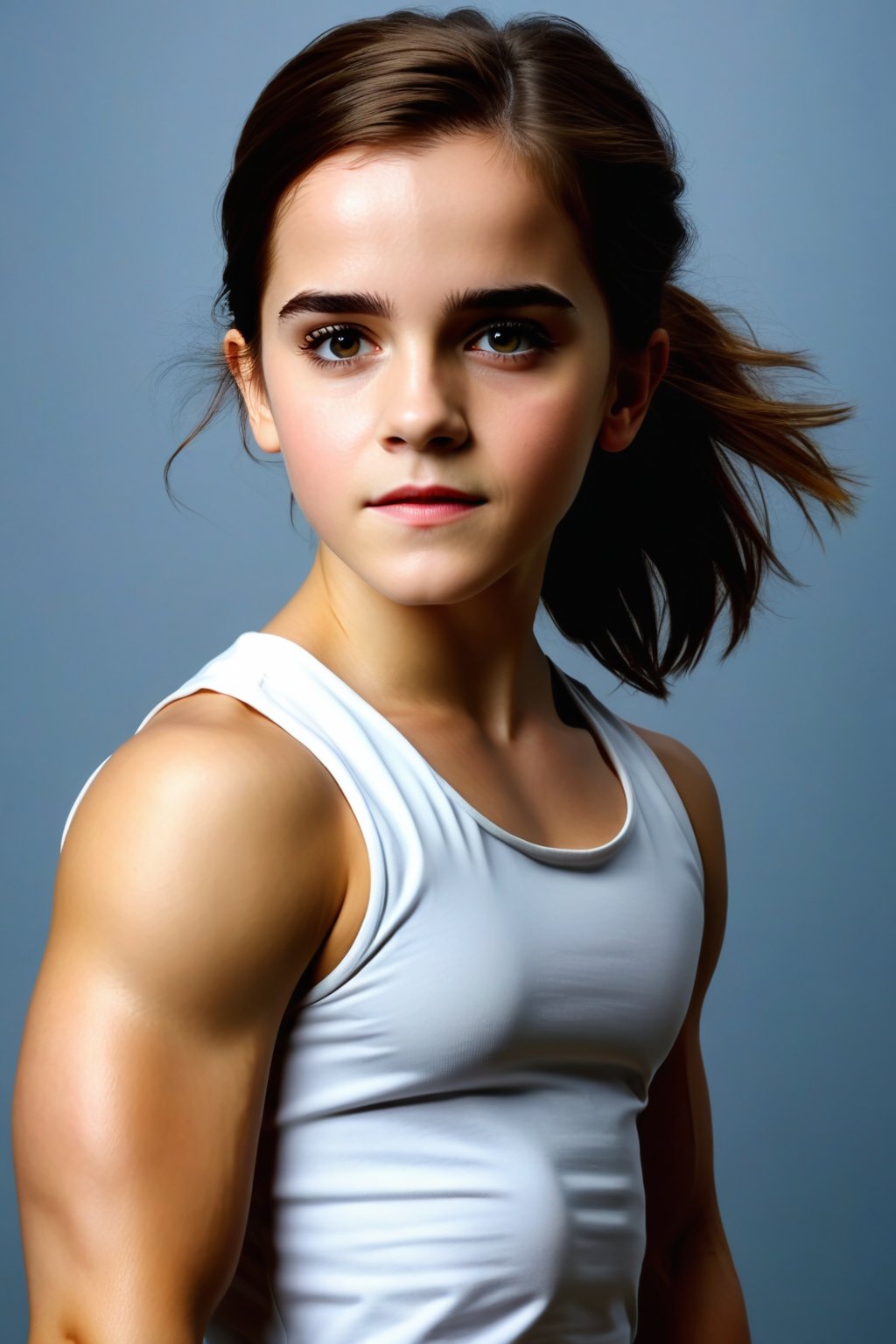 Create a hyperrealistic vertical photo of a very muscular girl (Emma Watson at the age of 14) posing for the camera, very strong arms