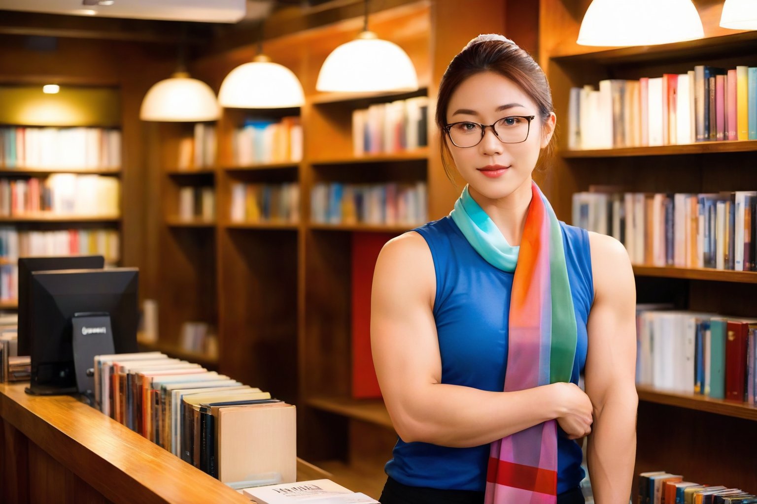 Yuko, an very muscular Asian woman with blond-dyed hair tied back in a neat bun, stands behind the counter of her cozy bookshop in Tokyo. she has very muscular arms. She wears a fashionable colourful scarf made of silk around her neck, and stylish glasses, embodying her civilian identity as a bookseller. Shelves filled with books create a warm and inviting atmosphere in the background, with a soft, ambient light casting a gentle glow. The focus is on her face, her expression is friendly and welcoming, engaging with the customers in her charming bookstore. The image should be detailed and realistic, highlighting her unique features and the cozy bookstore setting.
