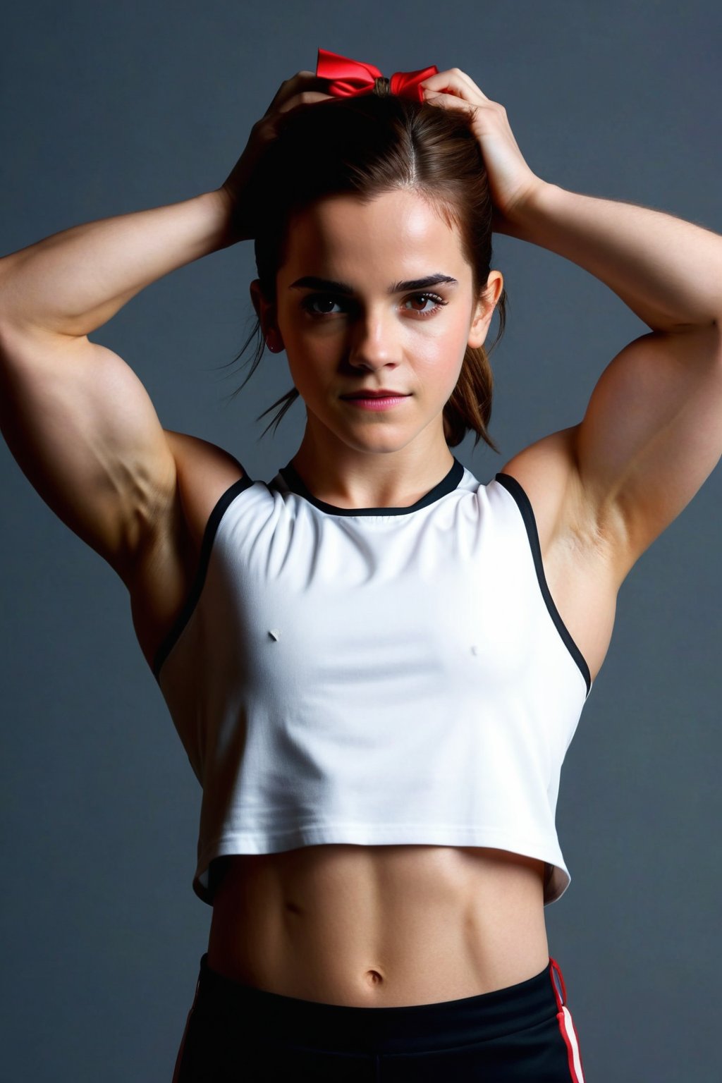 Create a hyperrealistic vertical photo of a very muscular girl (Emma Watson at the age of 14) posing for the camera, very muscular arms