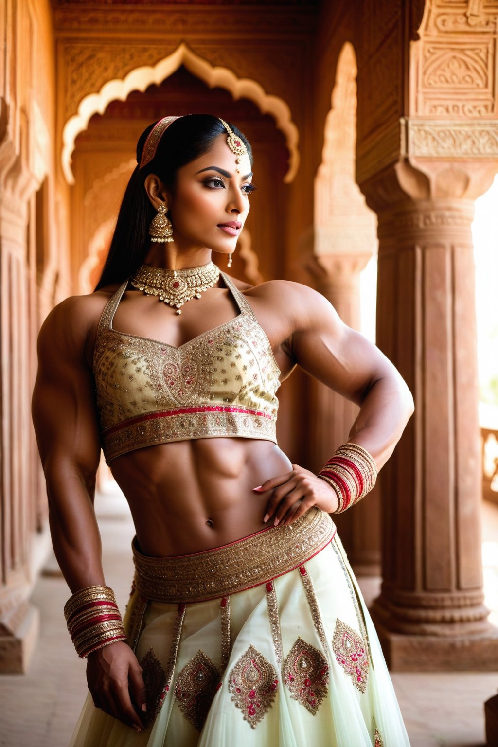 In this scene, the very muscular Indian model bodybuilder is captured against a backdrop of a traditional Indian palace. She is dressed in a regal lehenga choli, the intricate embroidery and shimmering fabric reflecting the grandeur of her surroundings, slit skirt. Her posture is poised and graceful, her expression serene yet captivating. The sunlight filters through ornate windows, casting a warm glow on her features, highlighting her beauty and her muscles in this majestic setting. ,photorealistic