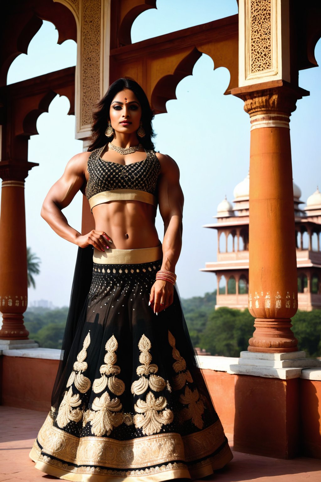 In this scene, the very muscular Indian model bodybuilder is captured against a backdrop of a traditional Indian palace. She is dressed in a regal lehenga choli, the intricate embroidery and shimmering fabric reflecting the grandeur of her surroundings. Her posture is poised and graceful, her expression serene yet captivating. The sunlight filters through ornate windows, casting a warm glow on her features, highlighting her beauty and her muscles in this majestic setting. ,photorealistic