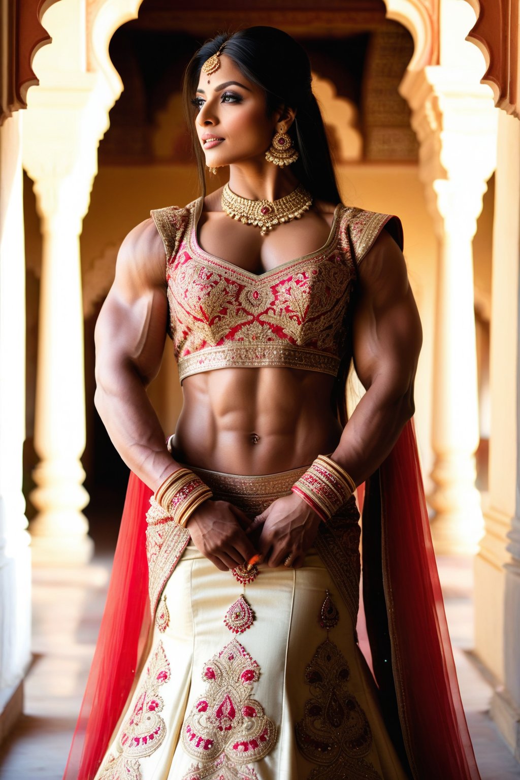 In this scene, the very muscular Indian model bodybuilder is captured against a backdrop of a traditional Indian palace. She is dressed in a regal lehenga choli, the intricate embroidery and shimmering fabric reflecting the grandeur of her surroundings. Her posture is poised and graceful, her expression serene yet captivating. The sunlight filters through ornate windows, casting a warm glow on her features, highlighting her beauty and her muscles in this majestic setting. ,photorealistic