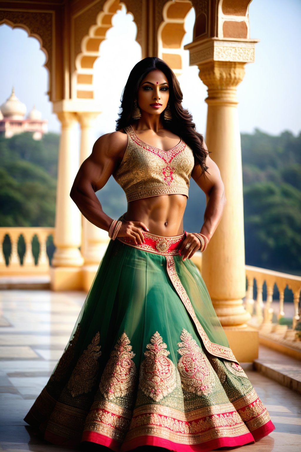 In this scene, the very muscular Indian model bodybuilder is captured against a backdrop of a traditional Indian palace. She is dressed in a regal lehenga choli, the intricate embroidery and shimmering fabric reflecting the grandeur of her surroundings. Her posture is poised and graceful, her expression serene yet captivating. The sunlight filters through ornate windows, casting a warm glow on her features, highlighting her beauty and her muscles in this majestic setting. ,photorealistic