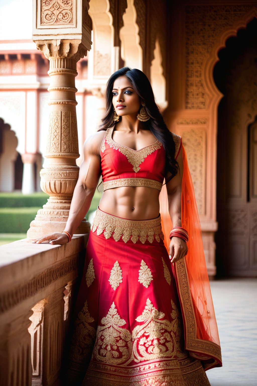 In this scene, the very muscular Indian model bodybuilder is captured against a backdrop of a traditional Indian palace. She is dressed in a regal lehenga choli, the intricate embroidery and shimmering fabric reflecting the grandeur of her surroundings. Her posture is poised and graceful, her expression serene yet captivating. The sunlight filters through ornate windows, casting a warm glow on her features, highlighting her beauty and her muscles in this majestic setting. ,photorealistic