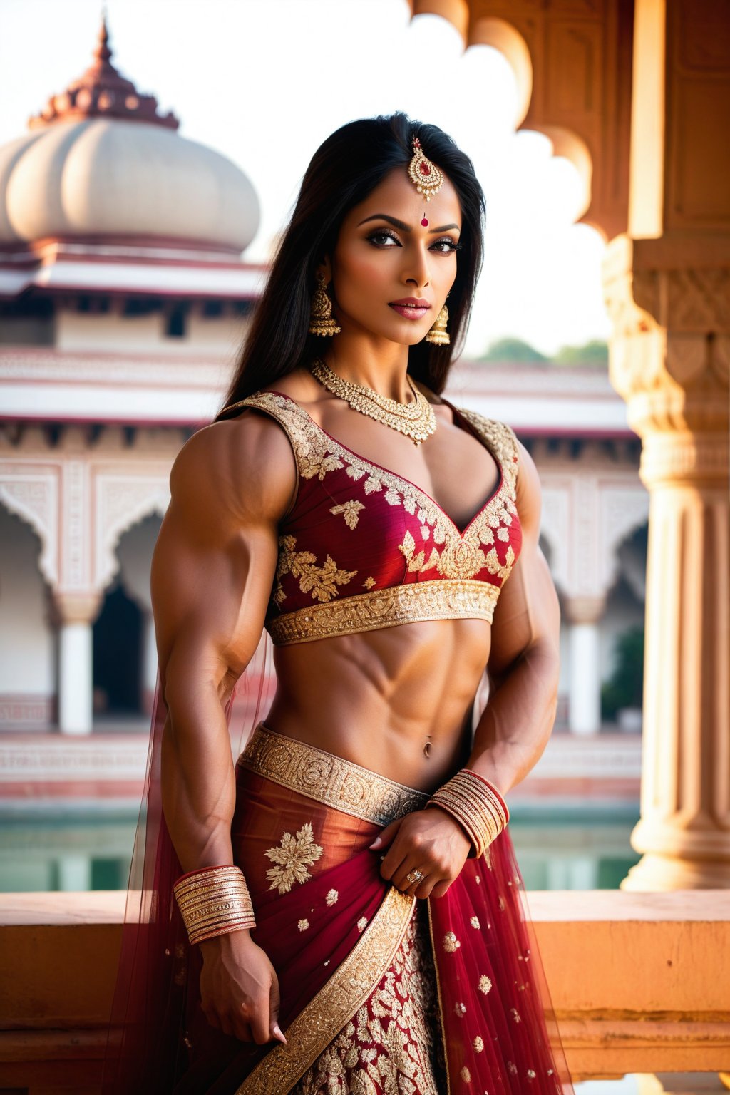 In this scene, the very muscular Indian model bodybuilder is captured against a backdrop of a traditional Indian palace. She is dressed in a regal lehenga choli, the intricate embroidery and shimmering fabric reflecting the grandeur of her surroundings. Her posture is poised and graceful, her expression serene yet captivating. The sunlight filters through ornate windows, casting a warm glow on her features, highlighting her beauty and her muscles in this majestic setting. ,photorealistic