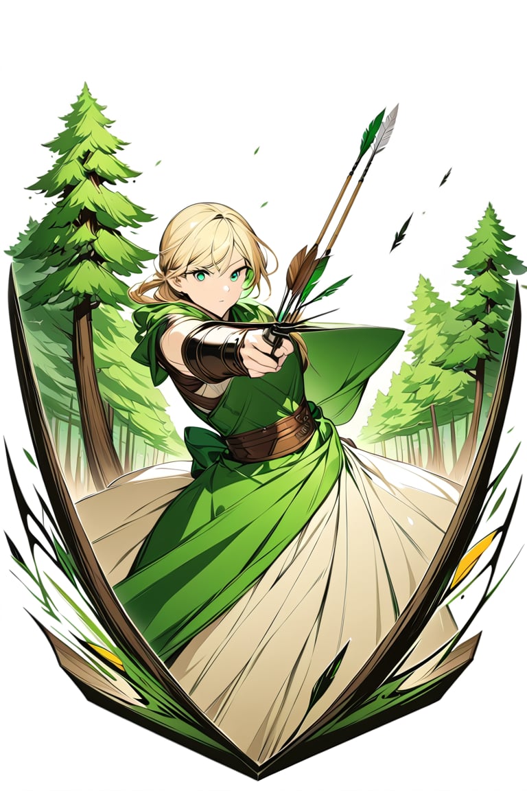 masterpiece, best quality, sharp eyes, green eyes, detailed eyes, 1elf archer, 25 years old, full-body, aiming, high color, long blonde hair, elegant, leather armor, break, break, flat vector art, colorful art, green tunic, simple background, forest background, ink art, peeking out upper body, eyes, bow and arrow, quiver, nature elements