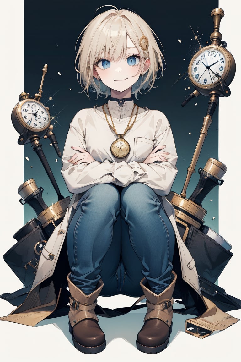(masterpiece, best quality, highres:1.3), ultra resolution image, 
chibi girl,

Short hair, steely eyes, rugged face, plain shirt, worn jeans, sturdy boots, leather tool belt, calloused hands, pocket watch.

Crouching pose, tool in mouth, focused gaze, hands working, slight smirk

Inside vault, piles of gold bars, metallic shelves, dim lighting, scattered tools.