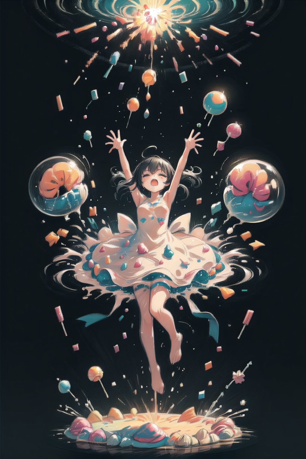 A girl falls onto a cream cake, causing the cream to splatter everywhere. As she lands, an explosion of candies and bubbles fills the air, floating all around her. The scene is whimsical and playful, with colorful sweets and shimmering bubbles creating a magical, dream-like atmosphere.