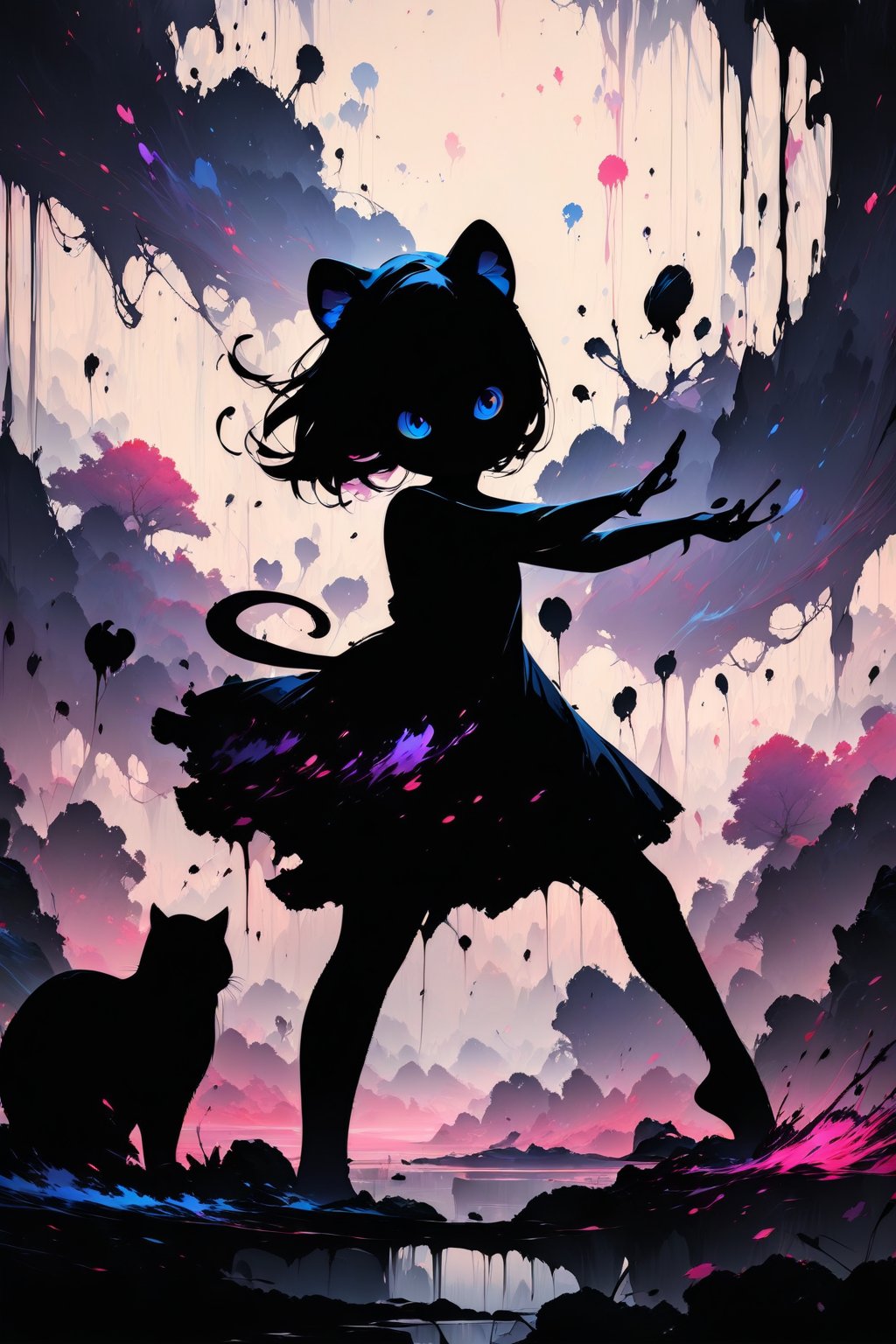 ink brushstrokes in background, looking at viewer, ink rain, stunning image, ink smoke, digital art, professional style, ((masterpiece quality: 2)), ink droplets, attractive image.,INK,Ink art

a chibi girl, candies, fighting pose, 
silhouette of a Giant Cat,