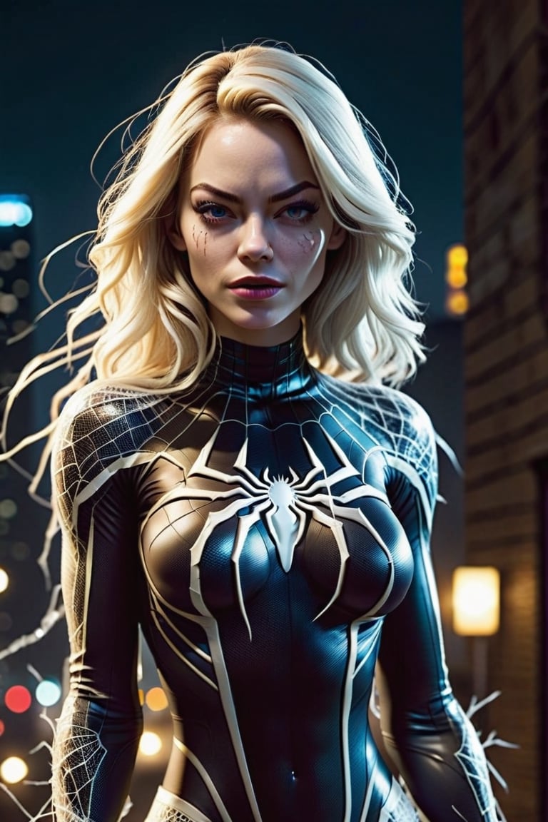 (8k, 3D, UHD, highly detailed, masterpiece, professional oil painting) best quality, highres, dynamic lighting, photo realistic, master piece, Emma Stone, Gwen Stacy, full body photo of 23 year old Spider-Gwen from, infected with venom, (suit made of white cobwebs,:1.2) thick thighs, narrow waist, from front, large perky breasts,muscular body, slim body, sexy pose, seductive, white skin, fine face, sensual expression, at night, in the abyss of a skyscraper,DonMD4rkT00nXL 