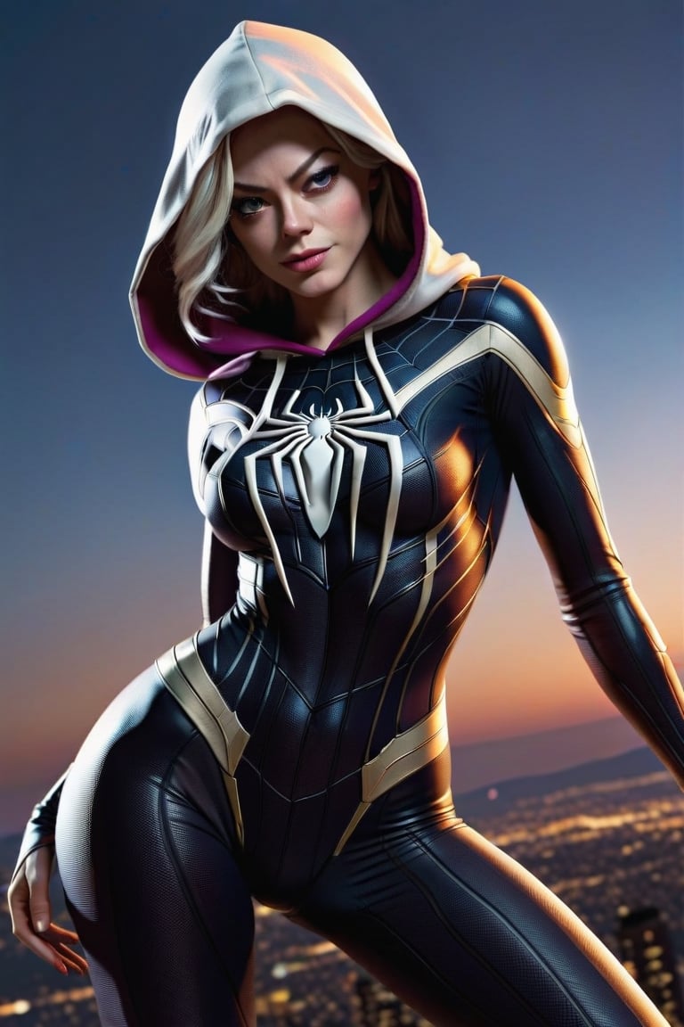 (8k, 3D, UHD, highly detailed, masterpiece, professional oil painting) best quality, highres, dynamic lighting, photo realistic, master piece, full body, photo realistic, insane detail, 8k, rtx, octane render, graceful curves, cinematic lighting, high sharpness, high contrast, Emma Stone, Gwen Stacy, Spider Gwen as a dominatress in a hoodie spider suit, thick thighs, narrow waist, from front, large perky breasts,muscular body, slim body, sexy pose, seductive, white skin, fine face, sensual expression, at night,