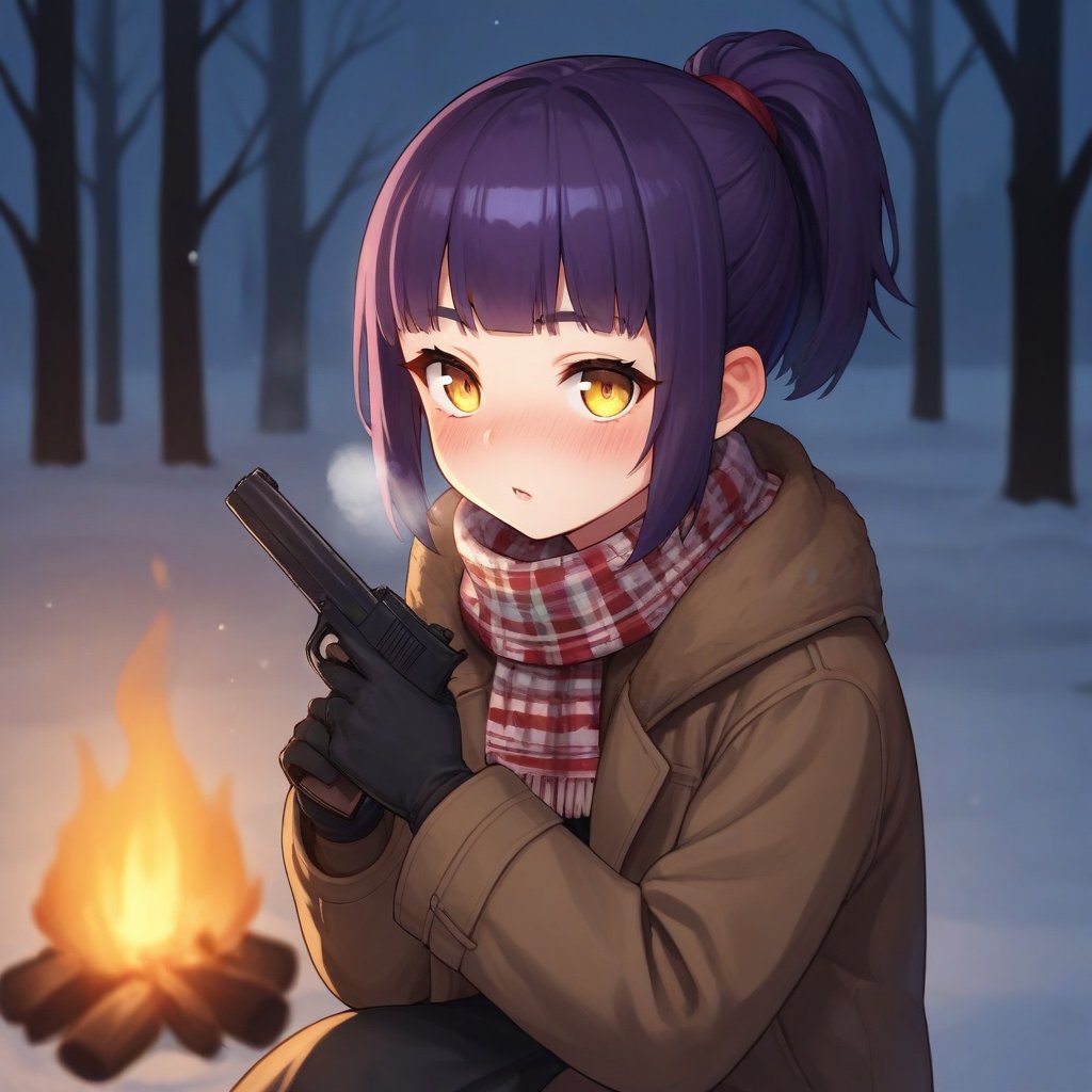 score_9, score_8_up, score_7_up, score_6_up, score_5_up, score_4_up, source_cartoon, source_anime, BREAK, 1girl, Loli, (petite), yellow eyes, eyelashes, short hair, purple hair, ponytail, blunt bangs, sitting, flat chest, winter coat, brown coat, fur trim, scarf, looking at viewer, parted lips, nose blush, breath, (handgun:1.3), Beretta PX4, weapon, gun, holding weapon, gloves, portrait, BREAK log, forest, night, campfire, warm lightning, dark, winter, darkness