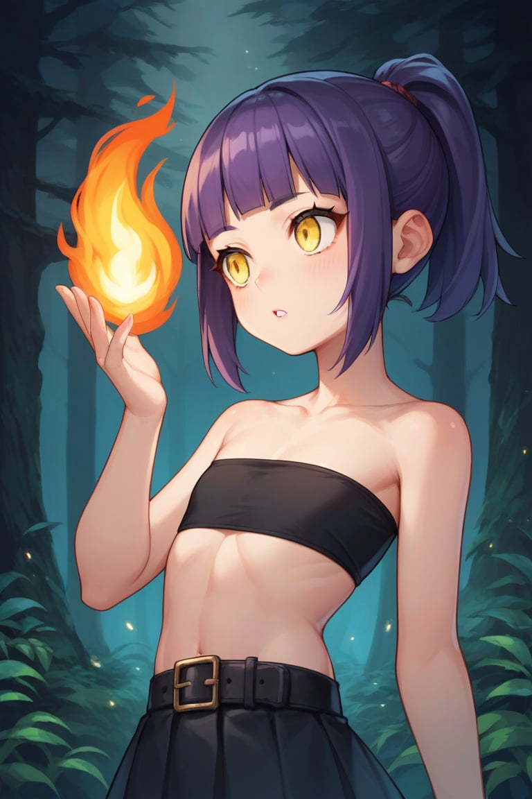 score_9, score_8_up, score_7_up, score_6_up, score_5_up, score_4_up, source_anime, BREAK 1girl, Loli, (petite), yellow eyes, eyelashes, short hair, purple hair, ponytail, blunt bangs, flat chest, tube top, black tube top, skirt, black skirt, hand up, magic, fire, parted lips, portrait, dim lightning, BREAK forest, dark forest, night, {darkness}, chiaroscuro 