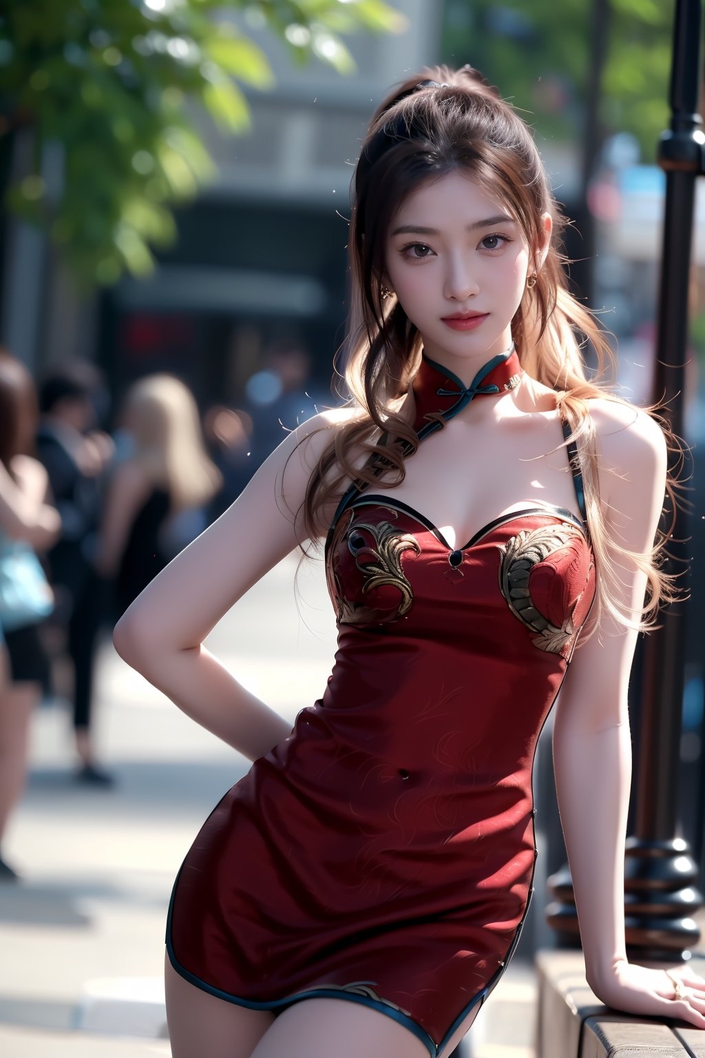 New York City,avenue,street,trees,
20 yo, 1 girl, beautiful korean girl, head to thigh portrait,nice breasts,wear red sexy cheongsam ,,solo, {beautiful and detailed eyes}, blue eyes, calm expression, delicate facial features, ((model pose)), Glamor body type,blond hair ,hair_past_waist,curly hair,very long hair,simple tiny earrings,simple tiny necklace, flim grain, realhands, masterpiece, Best Quality, 16k, photorealistic, ultra-detailed, finely detailed, high resolution, perfect dynamic composition, beautiful detailed blue eyes, eye smile,smile , sharp-focus, standing,head to thigh portrait,nice ass, body face to viewer ,standing