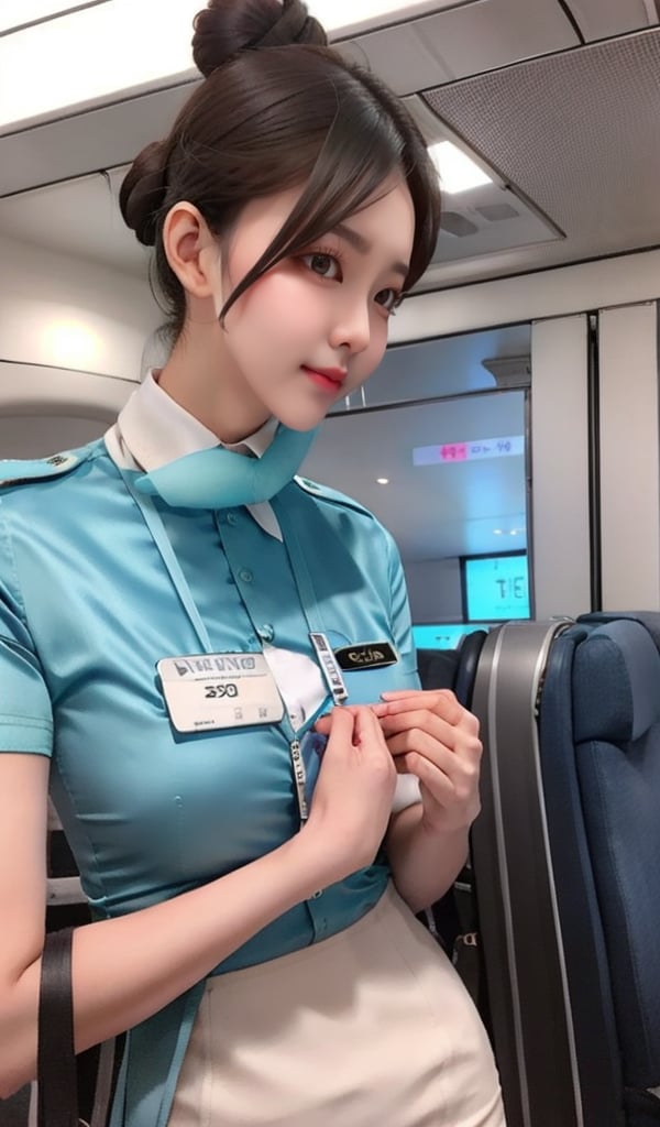 1 slim flight crew with beautiful face, single hair bun hair, black hair, wearing blue stain shirt and white pencil skirt, jacket, silk scarf, name tag, flight badge, black pantyhose, (solo), standing, she is checking passport, in flight gate, best quality, 4k resolution