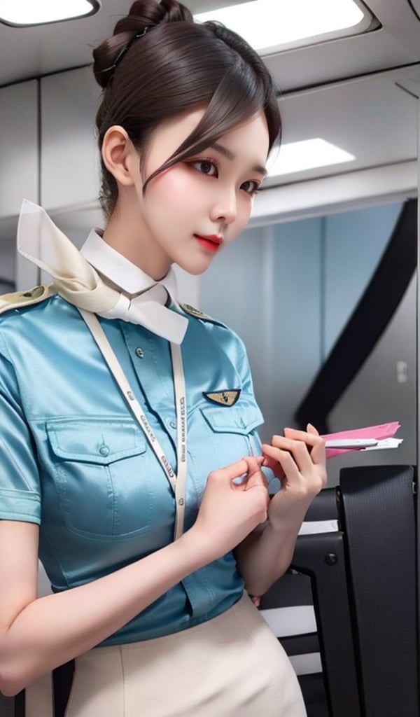 1 slim flight crew with beautiful face, single hair bun hair, black hair, wearing blue stain shirt and white pencil skirt, jacket, silk scarf, name tag, flight badge, black pantyhose, (solo), standing, she is checking passport, in flight gate, best quality, 4k resolution