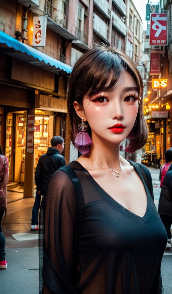 1slim lady with beautiful face, straight hair, dark hair, lip stain, city scene, on street, old town,  solo, best quality, high resolution, (low chorma, fade:1.4)