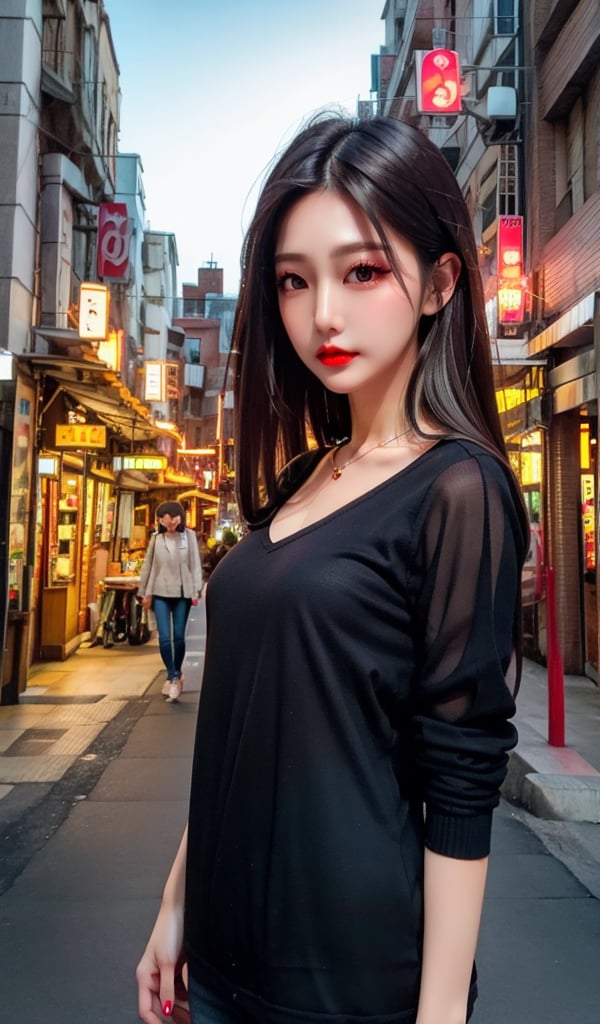 1slim lady with beautiful face, straight hair, dark hair, lip stain, city scene, on street, old town,  solo, best quality, high resolution, (low chorma, fade:1.3)