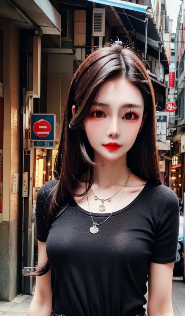 1slim lady with beautiful face, straight hair, wearing dress, delicate necklace, dark hair, lip stain, city scene, on street, old town,  solo, best quality, high resolution, (low saturation) filter 