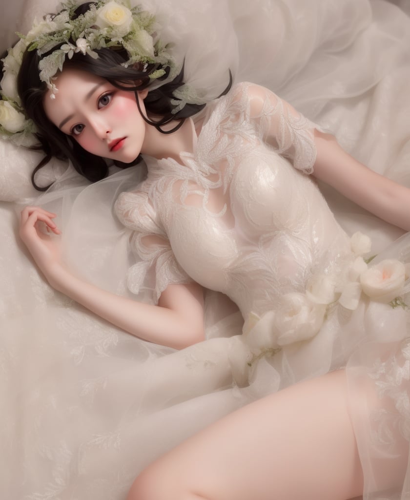 1 beautifu bride lying on the bed, wearing short sleeves dress, bridal, sheer, (see-through:1.3), lace, underwear on bed, (with head), hair ornament, black hair, bird's eye view, (thigh), best anatomy, look at viewer, romantic, (mucha style), (solo:1.8), masterpieces, best quality, high resolution, bright scene, soft color, low contrast,