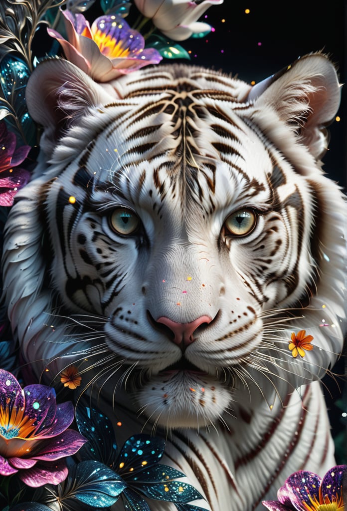 Close-up image of an alvin white tiger, alvin tiger, detailed tiger face, shiny tiger skin, detailed tiger eyes, black background, (((fantasy flowers))), (((multicolored flowers))), (((highly detailed flowers))), (((beautiful flowers)))), (((large flowers))), hyper-realistic illustration, ultra-realistic, creates a fascinating visual spectacle, vibrant colors, sharp shapes, HDR, UHD, 64k, dynamic angle, cinematic, shape focus, incredible details, highly detailed, masterpiece, photorealistic,glitter,crystalz,shiny