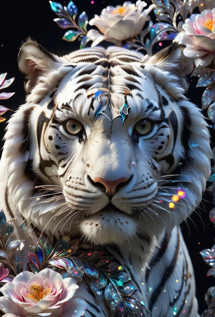 Close-up image of an alvin white tiger, alvin tiger, detailed tiger face, shiny tiger skin, detailed tiger eyes, black background, (((fantasy flowers))), (((multicolored flowers))), (((highly detailed flowers))), (((beautiful flowers)))), (((large flowers))), hyper-realistic illustration, ultra-realistic, creates a fascinating visual spectacle, vibrant colors, sharp shapes, HDR, UHD, 64k, dynamic angle, cinematic, shape focus, incredible details, highly detailed, masterpiece, photorealistic,glitter,crystalz,shiny