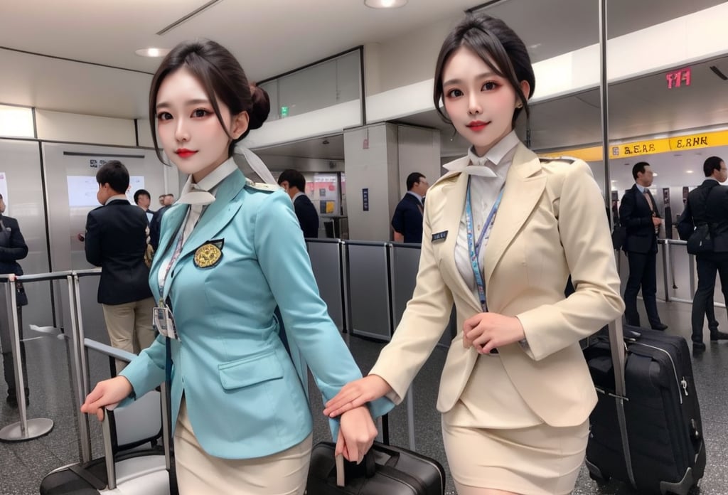 2 slim flight crews with beautiful and small face, single bun hair, black hair, wearing blue stain shirt and white pencil skirt, jacket, name tag, silk scarf, flight badge, hairpin, black pantyhose, airport, walking, luggage, cowboy shot, look at viewer