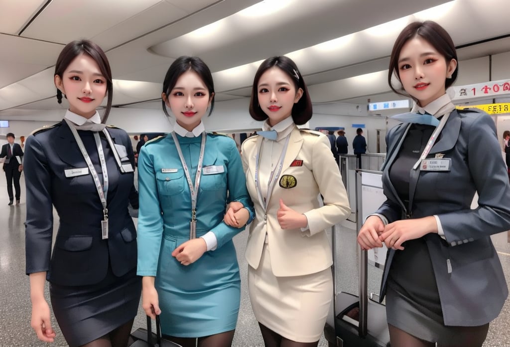 3 slim flight crews with beautiful and small face, single bun hair, black hair, wearing blue stain shirt and white pencil skirt, jacket, name tag, silk scarf, flight badge, hairpin, black pantyhose, airport, walking, luggage, cowboy shot, look at viewer