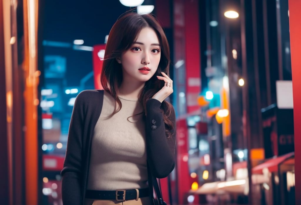 1 lady with beautiful face, medium breasts, fashion, gorgeous, sweet girl, fashion hair style, lip stain, elegant posture, in the modern city, cowboy shot, (solo:1.2), masterpieces, best quality, high resolution, (bright scene:1.3), soft color, dark background, blurred background 