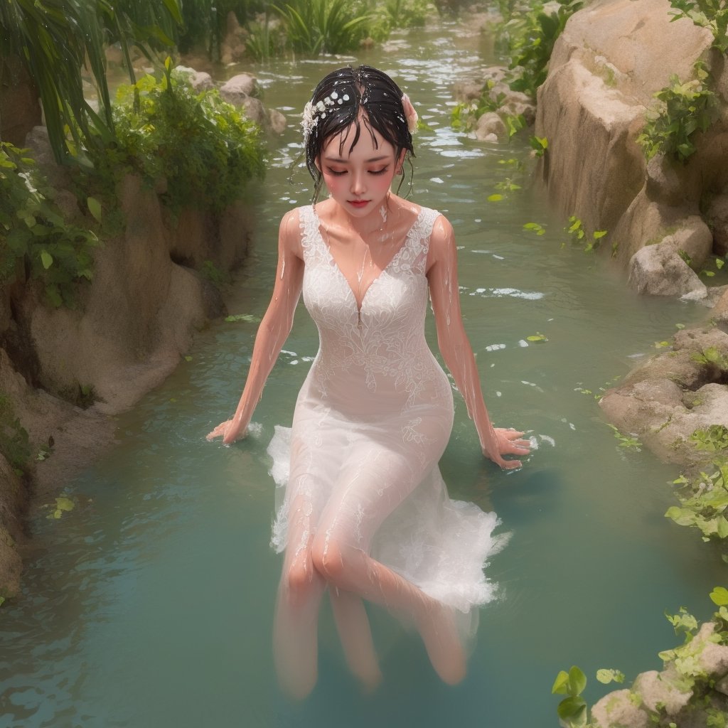 1 beautifu bride (floating flat in shallow water), (water over her body:1.3), (wet, infiltrating, soaking, sinking:1.9), wearing FloraSheer Dress, bridal, sheer, (see-through), lace, (with head), hair ornament, black hair, bird's eye view, full body, (best anatomy), look at viewer, romantic, (mucha style), (solo:1.8), masterpieces, best quality, high resolution, bright scene, soft color, low contrast, (water ripples)