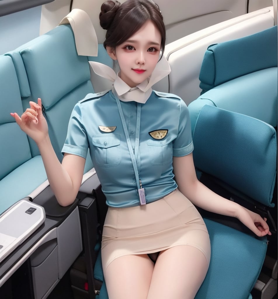 1 slim flight crews with beautiful and small face, single bun hair, wearing (blue stain shirt) and (white pencil skirt), name tag, silk scarf, flight badge, black pantyhose, sitting, legs separated, panties inside, from front, in flight, best quality, 4K resolution,